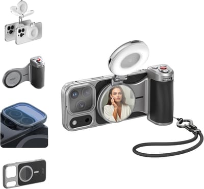 Master Grip Kit voor iPhone 17 Pro Max - Magnetische Camera Handgreep met Selfie Licht, UV Filter en Draadloze Oplader voor Creators met 3200mAh Batterij en Koeling