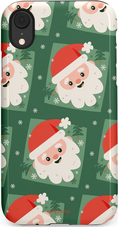 Casetastic hoesje geschikt voor Apple iPhone XR - Dubbellaagse bescherming - Kerstmannen in het bos - Fashion Case - Donkergroen Wit Terracotta Crème