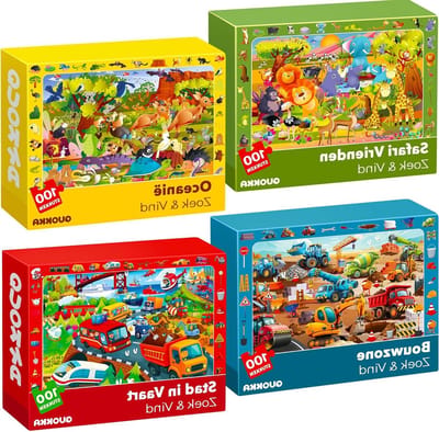 Kinderpuzzels 4-in-1 - Zoek en Vind Puzzels - Educatief Spel - Unieke Puzzelvormen - 100 stukjes per puzzel - Kleurrijk