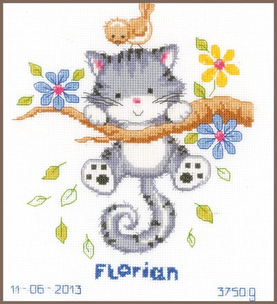 Vervaco - Telpakket kit - Geboorte - Spelende kitten blauw - PN-0146276 - Borduren - Borduurpakket - Borduurpakket geboorte - Borduurpakket volwassenen