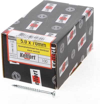 Kelfort Spaanplaatschroef platverzonken kop verzinkt T25 deeldraad 5.0 x 70mm (Prijs per 100 stuks)