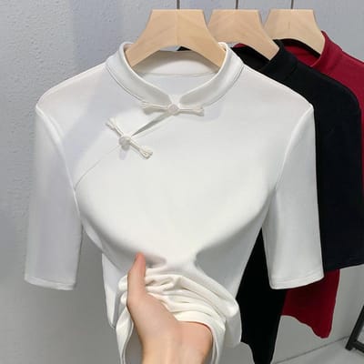 T-shirt met opstaande kraag en middellange mouwen in Chinese stijl voor dames, nieuw dames-T-shirt met halve mouwen in effen kleur met ribbels, retro top met knopen S white