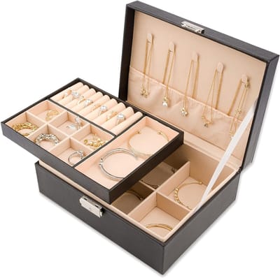 Elegante 2-laagse sieradenbox van PU-leer met slot en verwijderbare tray, ideaal voor ringen, oorbellen, kettingen en armbanden, perfect voor vrouwen
