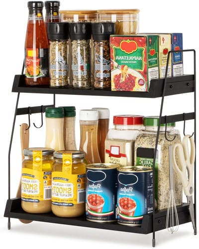 2-Laags Keuken Organizer voor Koffie Bar, Houten Keukenrek met Haakjes, Specerijen- en Opbergrek voor Keuken en Kantoor - Zwart