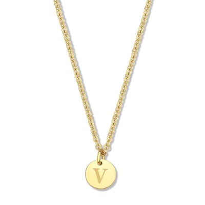 CO88 Collection Alphabet 8CN-26159 Stalen collier -hanger rond 7mm - letter V - 38 + 7 cm - Initiaal sieraad - Goudkleurig