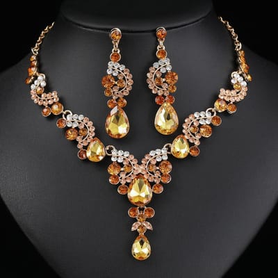2 stuks/set Sieradensets Dames Blauw Elegant Waterdruppel Strass Hanger Ketting Oorbellen Bruidsjurk Bruids Sieradenset brown