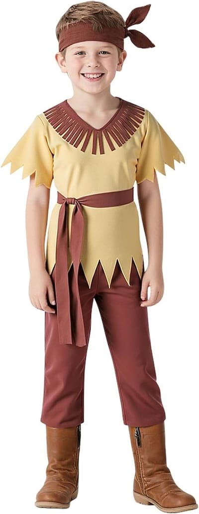 Caveman Kostuum voor Kinderen - Inheems Amerikaans Kostuumset met Hoofdband en Riem, Rekbaar Tribaal Outfit voor Halloween, Feestjes en Rollenspellen, Leeftijd 4-10