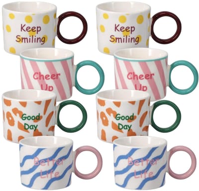 Siaki Koffiemokken Colourful Joy - set 8x stuks - porselein - multi kleuren - 200 ml - theemokken