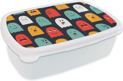 Broodtrommel Wit - Lunchbox - Brooddoos - Patroon - Pacman - Games - Spook - Jongens - Kinderen - Kids - 18x12x6 cm - Volwassenen