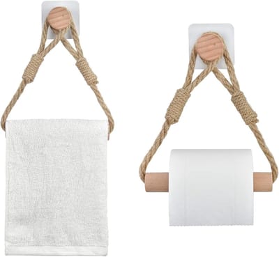 Set van 2 Toiletpapierhouders zonder boren, Vintage Handdoekrek van Touw en Hout, Zelfklevende Houder voor Badkamerdecoratie in Industrieel en Boho Stijl, Perfect voor Toiletruimte en Badkameraccessoires
