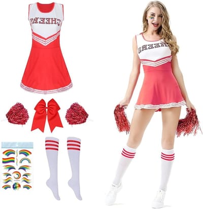 Volwassen Cheerleader Kostuum voor Fancy Dress Party en Cosplay met Pompoms en Cheerleading Outfit