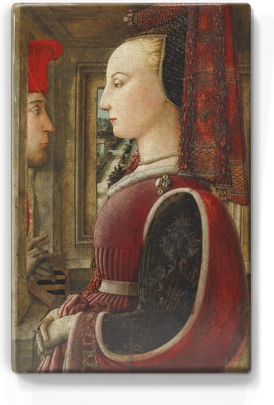 Portret van een vrouw met een man in een openslaand raam - Filippo Lippi - 19,5 x 30 cm - Niet van echt te onderscheiden schilderijtje op hout - Mooier dan een print op canvas - Laqueprint.
