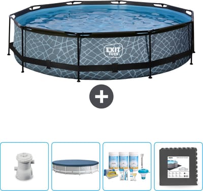 EXIT Rond Stone Frame Zwembad - 360 x 76 cm - Inclusief Pomp Afdekzeil - Onderhoudspakket - Vloertegels - Nu extra voordelig