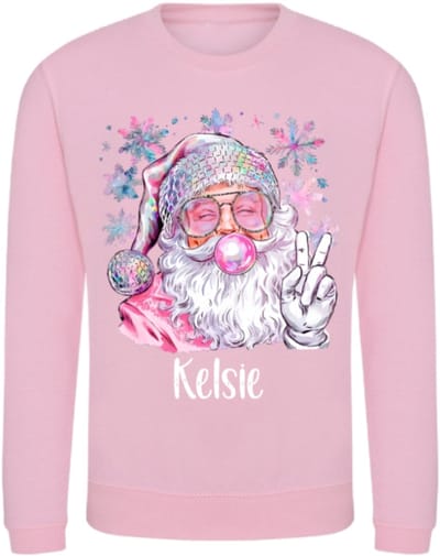 Kersttrui voor een meisje-leuke sweater kerstdiner school-pink disco santa met eigen naam-Maat 86/92