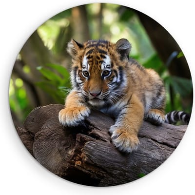 Saammp Muurcirkel Hout - Tijger welp op stronk - Natuur - Dieren - Ø 90 - Wandcirkel - Wanddecoratie Cirkel - muurdecoratie Woonkamer - Slaapkamer decoratie - Rond Schilderij