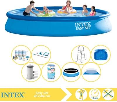 Intex Rond Opblaasbaar Easy Set Zwembad - 457 x 84 cm - Blauw - Inclusief Pomp - Solarzeil - Onderhoudspakket - Filter - Grondzeil - Schoonmaakset - Ladder - Voetenbad - 9-delig