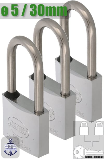AMIG Hangslot met Sleutel Ø5 / 30x65mm – RVS AISI 316 – Marine Kwaliteit – Geweldige Bouwkwaliteit – Set 3 Stuks – Gelijksluitend