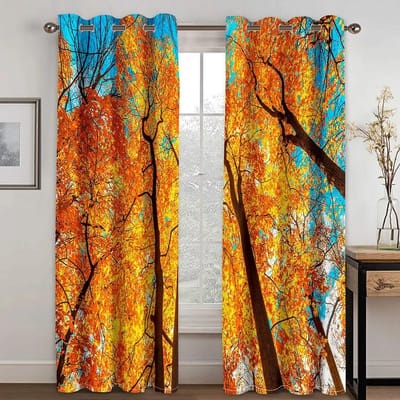 2 STUKS Bedrukte Geperforeerde Gordijnen, Slaapkamer, Balkon, Woonkamer, Herfstlandschap Bomen Fris Groen Bos Print Raamgordijnen W60H60(CM)x2pcs&HOOK yellow