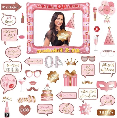 40ste Verjaardag Versiering voor Mannen en Vrouwen, Roze Gouden Opblaasbare Fotolijst met 40 Fotoprops en Feestdecoraties voor een Onvergetelijke Verjaardagsviering
