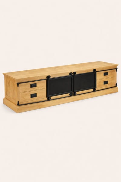 TV Meubel 200 cm Mangohout – Schuifdeur en 4 Lades – Industrieel