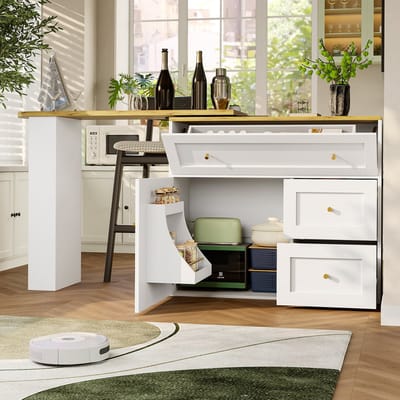 Wishdor - Uitschuifbare bartafel - Met opbergruimte en draaiplateau - Modern design - Keuken - Bewerkt hout en metaal - Wit - 138-204 cm
