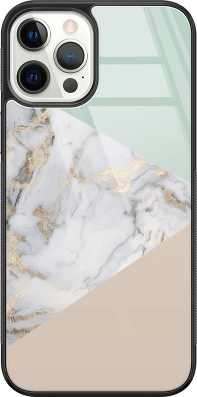 Hoesje geschikt voor iPhone 12 Pro - Marmer pastel mix - Luxe Glazen Hardcase - Marmer - Multi - Leuke Telefoonhoesjes