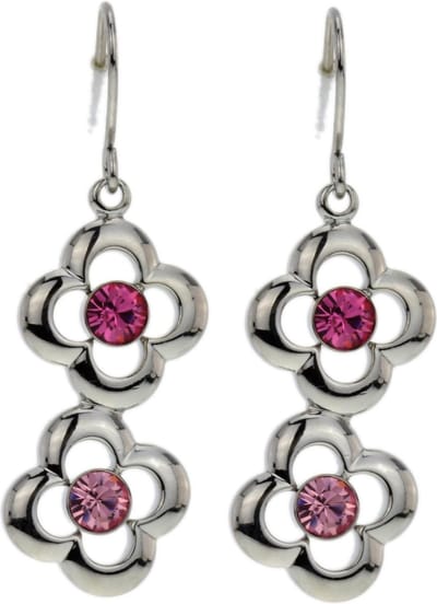 Behave Oorbellen hangers bloem zilver kleur met roze stenen