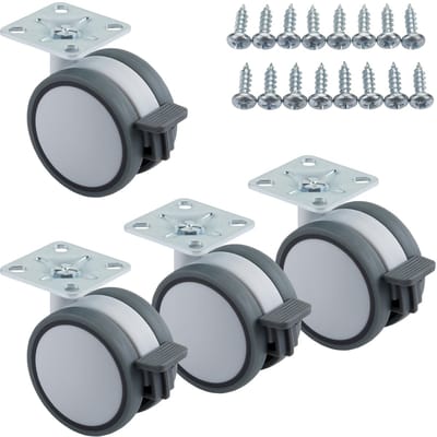 SOTECH set van 4 meubelwielen Hamm Ø 63 mm hoogte 74,5 mm, wit/grijs, 35 kg belastbaar, schroefplaat 47 x 47 mm, met rem, zwenkwiel 360 graden incl. bevestigingsschroeven