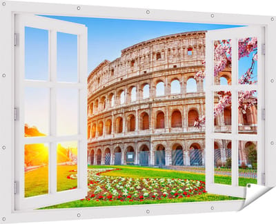 Gards Tuinposter Doorkijk Colosseum bij Zonsopgang in Rome, Italië - 180x120 cm - Tuindoek - Tuindecoratie - Wanddecoratie buiten - Tuinschilderij