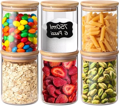 Glazen Opbergpotten met Deksel, Set van 6 Stuks, 750 ml, Ideaal voor Bloemen, Droog Fruit en Organisatie