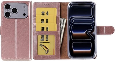 Hoesje Geschikt voor iPhone 17 Pro – Arara bookcase met pasjeshouder - Rosegoud