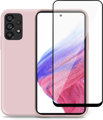 Geschikt voor Samsung A53 5G Hoesje + Screenprotector – Full Cover Gehard Glas – Suède Back Cover Case Rose