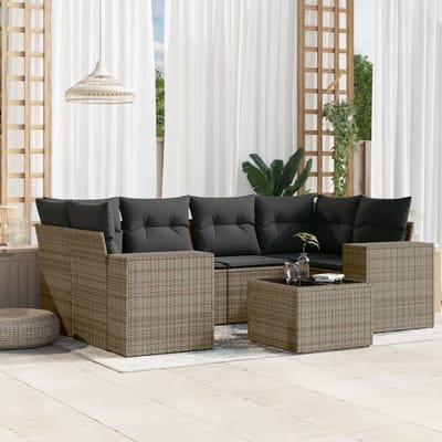 vidaXL - 7-delige - Loungeset - met - kussens - poly - rattan - grijs