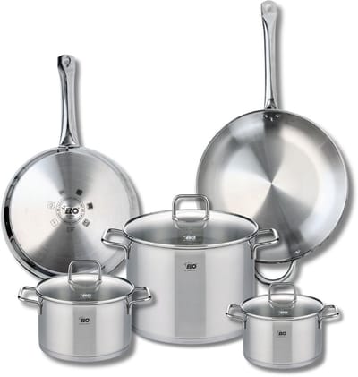 Set van 2 Koekenpannen 28 en 32 cm en 3 Kookpotten 16, 20 en 26 cm Elo Profi Citrin