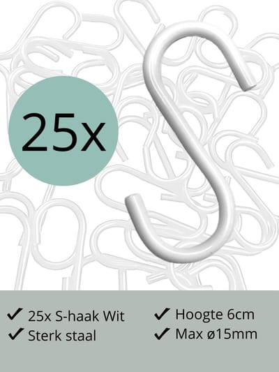 Leathergoodz - 25x S-haakjes Wit - 6cm/klein - ø15mm - s-haakjes - ophanghaken - handdoekhaakje - S-haken