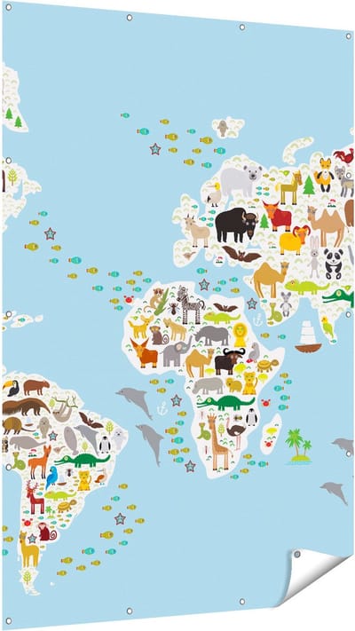 Gards Tuinposter Wereldkaart met Dieren - 120x180 cm - Tuindoek - Tuindecoratie - Wanddecoratie buiten - Tuinschilderij