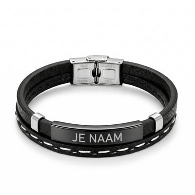 Armband met graveer, Armband met naam, Armband met gravure - gepersonaliseerd - zwart design met stikdetail - roestvrij staal, Armband met naamplaatje ,graveerarmband