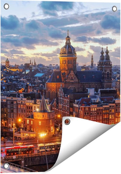Gards Tuinposter Amsterdam Centrum Luchtfoto Zonsondergang - 40x50 cm - Tuindoek - Tuindecoratie - Wanddecoratie buiten - Tuinschilderij