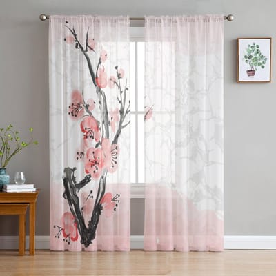 Roze Bloem Kersenbloesems Witte Tule Gordijnen voor Woonkamer Slaapkamer Decoratie Chiffon Transparant Voile Keuken Raamgordijn 1 PCS W100XH250cm&Grommet Top white