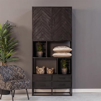 Mangohouten Vakkenkast Toronto Black 90 cm Mahom Industrieel - Vitrinekast van Mangohout & Metaal - Industriële Buffetkast