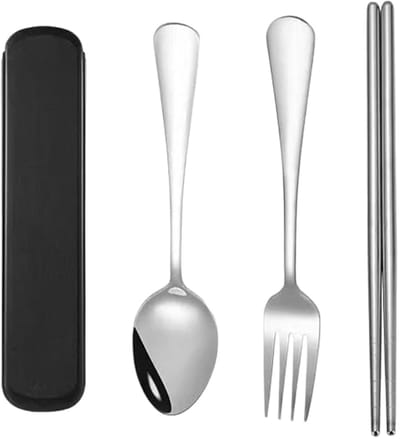 2 sets roestvrijstalen reisbestek met vork, lepel en eetstokjes, lunchbox voor op kantoor, bestekhouder voor kamperen, kantoor en wandelen