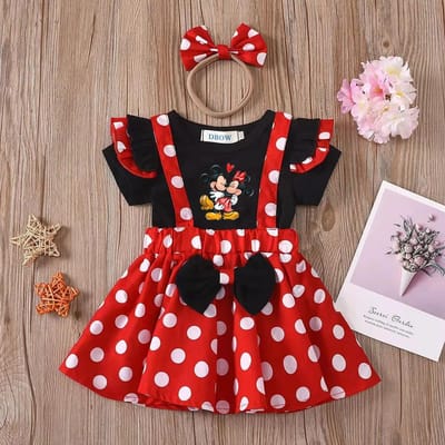 Ensemble 2 pièces Mickey Minnie Mouse Tenue Enfant Bébé Filles Été Soirée Enfants Pois Hauts Jupe Robe Cosplay avec Bandeau Nœud 80 (6-12M) black