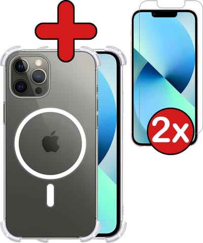 Hoesje - Met 2x Screenprotector - Geschikt voor Apple iPhone 13 Pro - Magsafe Compatible - Sterk & Shockproof - Shock Proof Case - Back Cover - Telefoon Hoes - Telefoonhoes - Transparant
