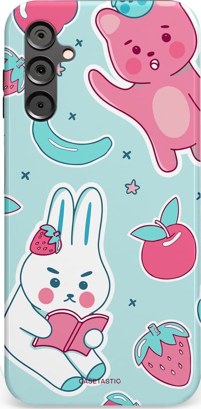 Casetastic hoesje geschikt voor Samsung Galaxy A14 (2023) 5G / Samsung Galaxy A14 (2023) 4G - Dubbellaagse bescherming - Fruitige vriendjes - Fashion Case - Mintgroen Lichtgrijs Lichtroze Wit