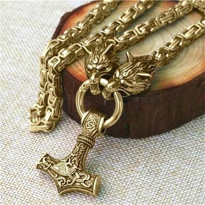 Collier avec pendentif tête de loup et marteau de Thor Viking en acier inoxydable, bijoux de personnalité à la mode pour hommes, symbole celtique nordique beige