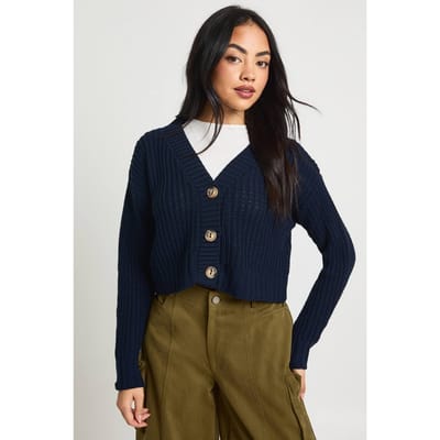 boohoo Dames Doorgeknopte crop cardigan | Navy | Maat: Large