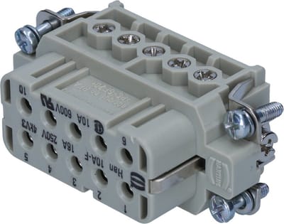 Harting 09200102812 Han A-connectorbinnenwerk, rechte bus, 10 contacten 2-rijen, paneelmontage, 600 V / 16A