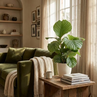 Green boutiQ - Kamerplant - Pauwenplant - Calathea Orbifolia - Groen - Weinig onderhoud - 1 Plant - met Potter Wit - Pot 21cm - Hoogte 60 - 70cm