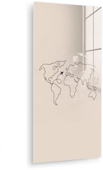 MuchoWow® Glasschilderij 40x80 cm - Schilderij acrylglas - Wereldkaart - Simpel - Vliegtuig - Foto op glas - Muurdecoratie woonkamer - Wanddecoratie slaapkamer - Schilderijen