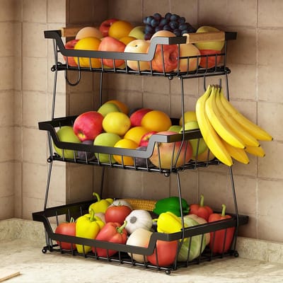 Famanu – Fruitmand met 3 niveaus en 2 bananenhangers voor keuken, afneembare metalen organizer voor brood, groentefruit met houten handvat, rechthoekige opbergbak met grote capaciteit, zwart